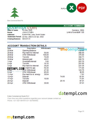editable template, South Sudan Eden Commercial Bank statement, Excel and PDF template
