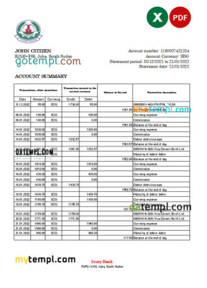 editable template, South Sudan Ivory Bank statement, Excel and PDF template