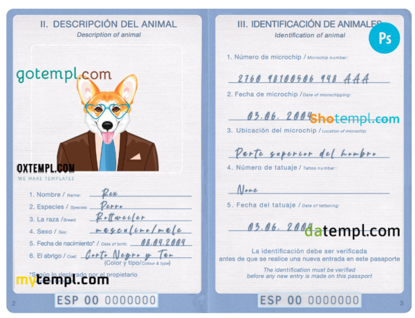 FREE editable template, Spain dog (animal, pet) passport PSD template, completely editable