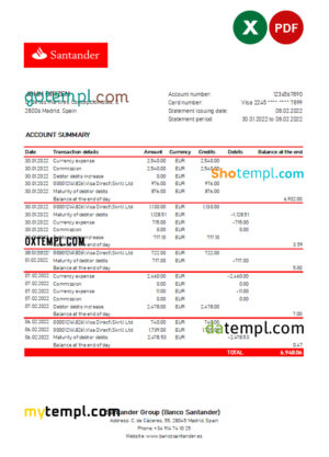 editable template, Spain Santander bank statement, Excel and PDF template