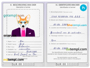 FREE editable template, Suriname dog (animal, pet) passport PSD template, fully editable