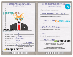 GRATIS editable plantilla, Togo perro (animal, mascota) pasaporte plantilla PSD, completamente editable