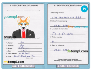 Plantilla editable GRATIS, Trinidad y Tobago perro (animal, mascota) pasaporte PSD plantilla, totalmente editable