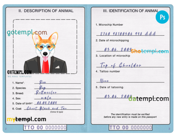 FREE editable template, Trinidad and Tobago dog (animal, pet) passport PSD template, fully editable