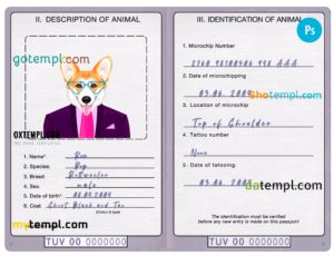 FREE editable template, Tuvalu dog (animal, pet) passport PSD template, completely editable