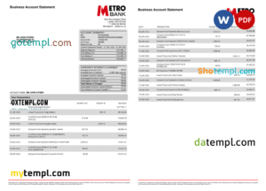 editable template, United Kingdom Metro bank business account statement Word and PDF template, 4 pages