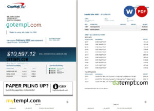 editable template, USA Capital One bank statement Word and PDF template, 4 pages