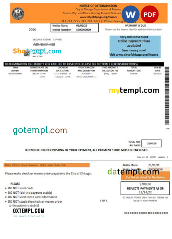editable template, USA Chicago Notice of Determination pay stub Word and PDF template