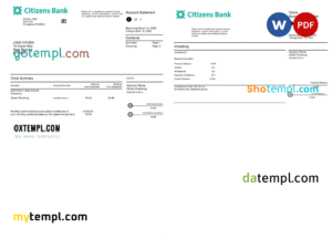 editable template, USA Citizens bank statement Word and PDF template, 2 pages