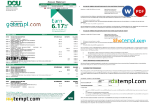 editable template, USA Massachusetts Digital Federal Credit Union (DCU) bank statement Word and PDF template, 5 pages