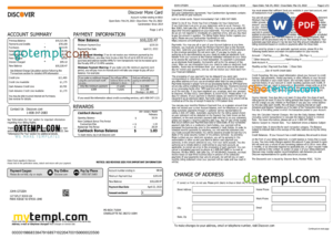 editable template, USA Discover credit card statement, Word and PDF template, 6 pages