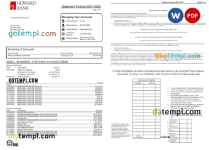 editable template, USA Howard bank statement Word and PDF template, 4 pages