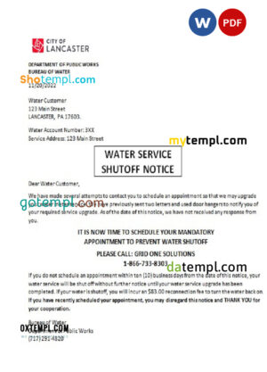 editable template, USA Lancaster Water service utility bill shutoff notice, Word and PDF template