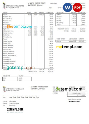 editable template, USA Maryland University of Maryland Medical Center pay stub Word and PDF template
