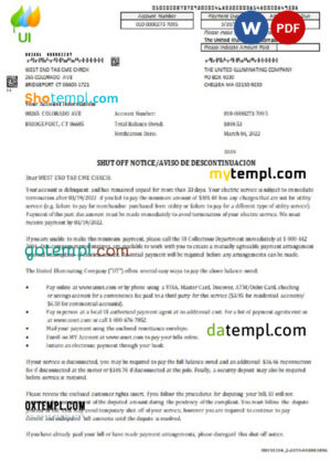 editable template, USA Massachusetts Chelsea The United Illuminating Company utility bill shutoff notice, Word and PDF template