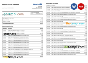 editable template, USA Metabank deposit account statement, Word and PDF template, 3 pages