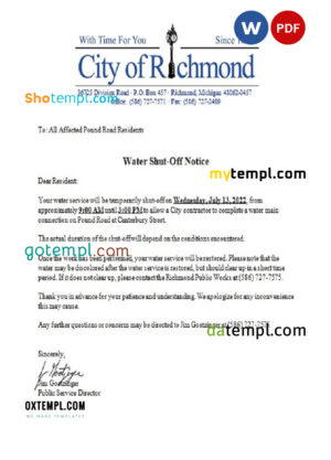 editable template, USA Michigan City of Richmond water utility bill shutoff notice, Word and PDF template