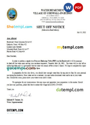 editable template, USA New York Cornwall-on-Hudson water utility bill shutoff notice, Word and PDF template
