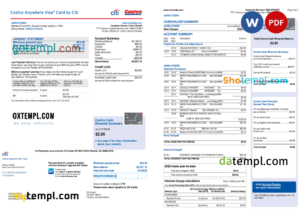 editable template, USA Costco Anywhere Visa Card by Citi bank statement, Word and PDF template, 4 pages
