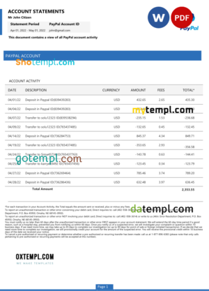 editable template, USA PayPal account statement Word and PDF template