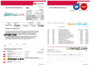 editable template, USA St. George bank visa card statement, Word and PDF template, 3 pages