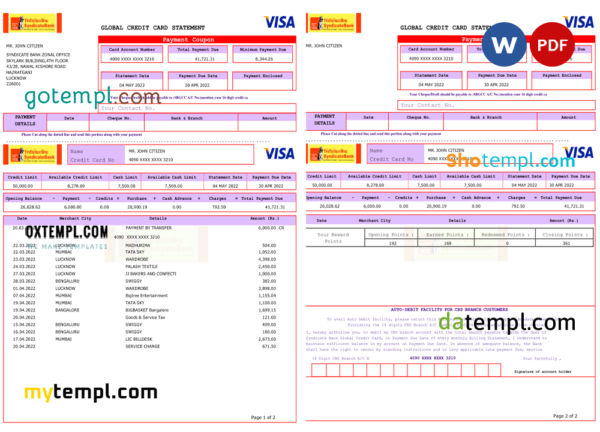 editable template, USA Syndicate bank credit card statement, Word and PDF template, 3 pages