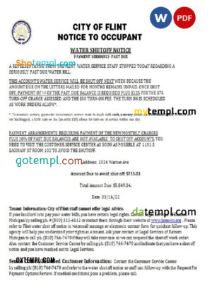 editable template, USA City of Flint Michigan Notice to occupant water utility bill shutoff notice, Word and PDF template