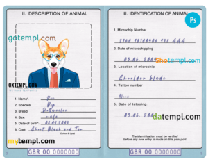 FREE editable template, United Kingdom dog (animal, pet) passport PSD template, fully editable