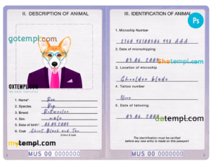 FREE editable template, United States of America dog (animal, pet) passport PSD template, fully editable