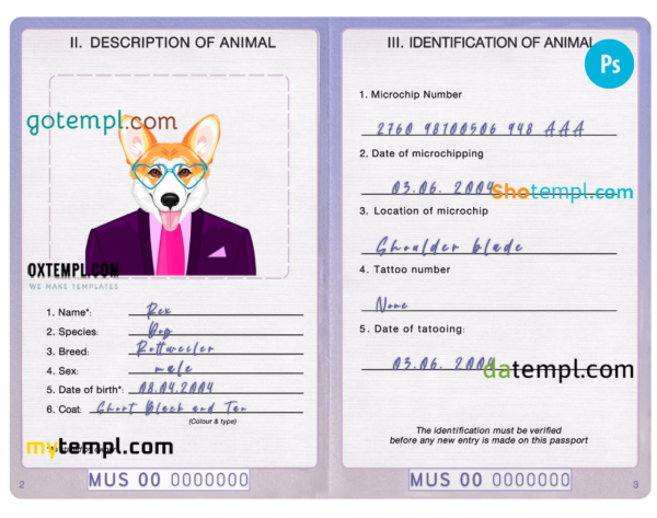 FREE editable template, United States of America dog (animal, pet) passport PSD template, fully editable