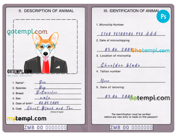 FREE editable template, Zambia dog (animal, pet) passport PSD template, fully editable
