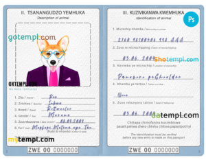 FREE editable template, Zimbabwe dog (animal, pet) passport PSD template, completely editable