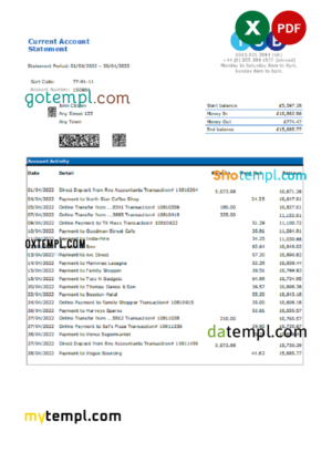 editable template, United Kingdom TSB bank statement, Excel and PDF template