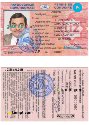 editable template, Uzbekistan driving license PSD template, completely editable