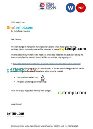 editable template, Canada Saskatchewan Loraas Disposal recycling utility shut off notice, Word and PDF template