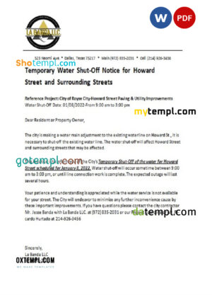 editable template, USA Texas La Banda utility water shut off notice, Word and PDF template