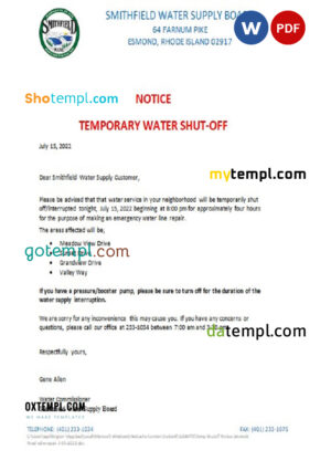 editable template, USA Rhode Island Smithfield water supply board water shut off notice, Word and PDF template