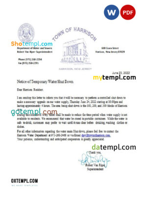editable template, USA New Jersey Town of Harrison utility water shut off notice, Word and PDF template