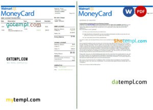 editable template, USA Walmart MoneyCard bank statement Word and PDF template, 3 pages