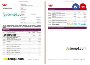 editable template, Australia Westpac bank statement Word and PDF template, 3 pages