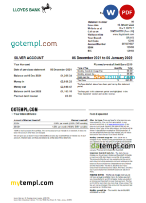 editable template, United Kingdom Lloyds bank statement Word and PDF template, version 2