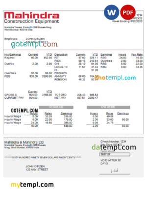 editable template, India Mahindra & Mahindra Ltd automotive industry company pay stub Word and PDF template