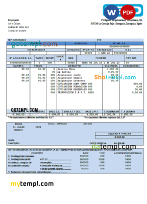 editable template, Spain Keld electronic company pay stub Word and PDF template
