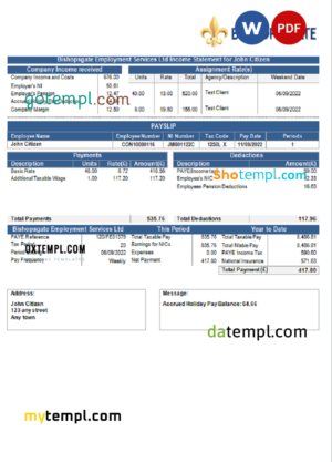editable template, United Kingdom Bishopsgate payroll services company pay stub Word and PDF template