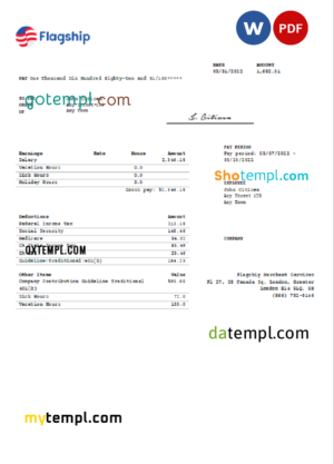 editable template, United Kingdom Flagship Merchant Services credit card service company pay stub Word and PDF template