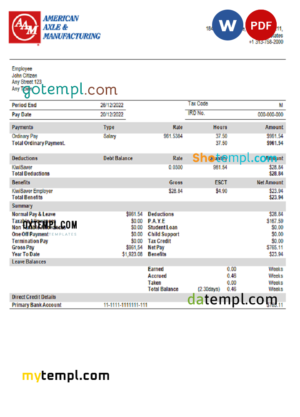 editable template, USA American Axle manufacturing company pay stub Word and PDF template