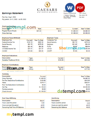 editable template, USA Caesars Entertainment casino and resort company pay stub Word and PDF template