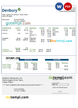 editable template, USA Denbury Resources Inc. oil & gas company pay stub Word and PDF template