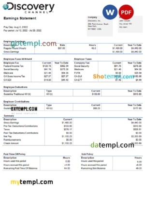 editable template, USA Discovery Inc. entertainment company pay stub Word and PDF template