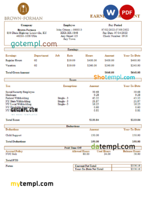 editable template, USA Brown Forman alcoholic  beverages company pay stub Word and PDF template